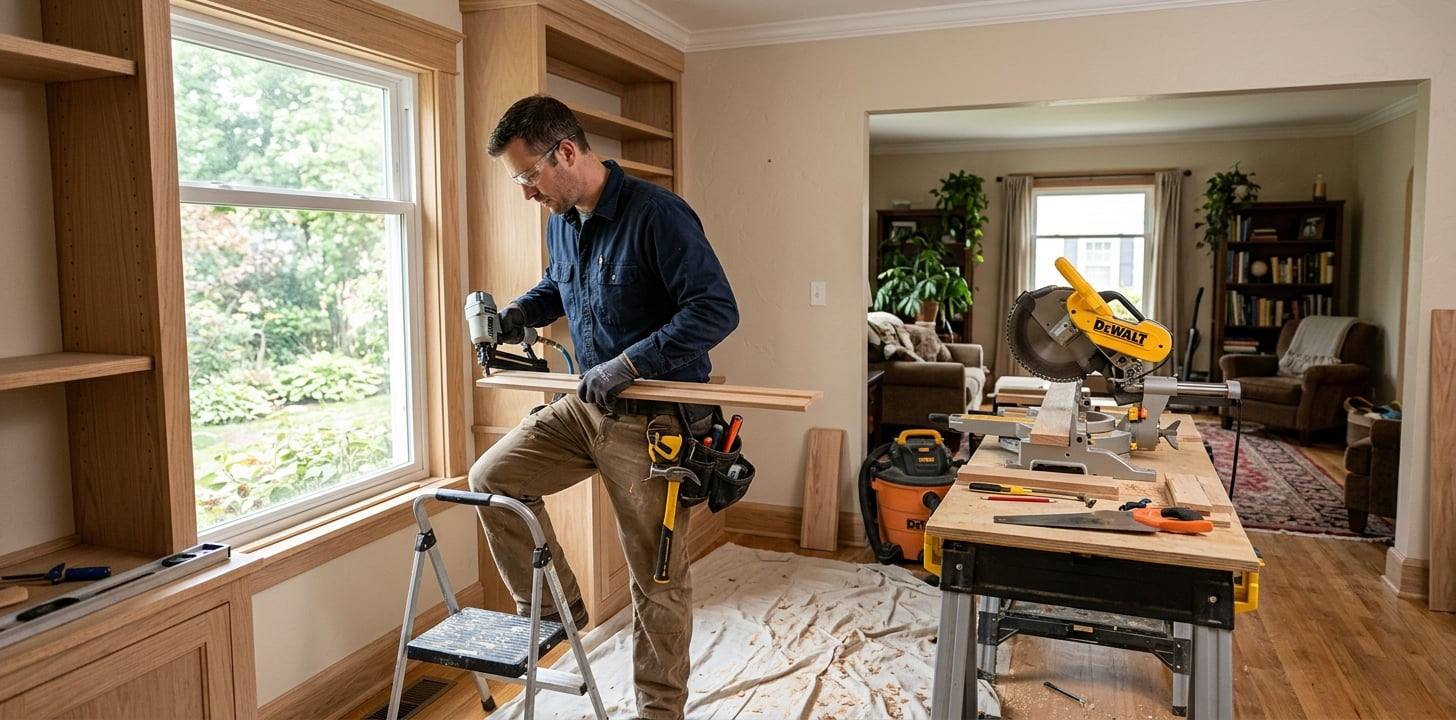 Residential carpentry repair with restored trim and wood details
