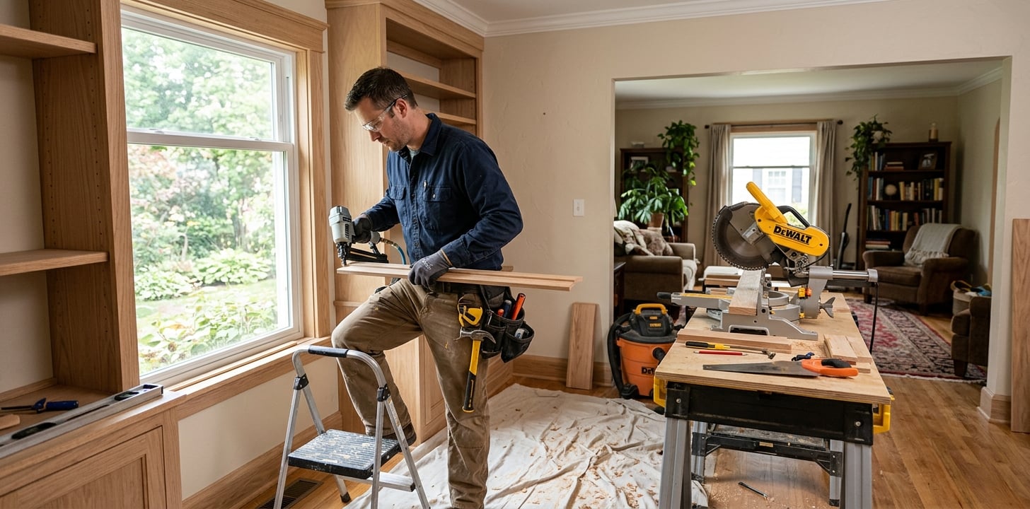 Residential carpentry repair with restored trim and wood details