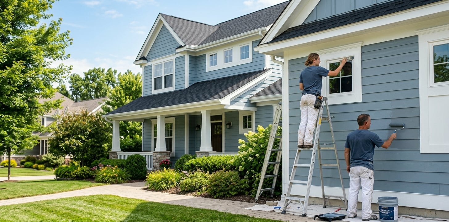 Freshly painted exterior house with a modern color palette